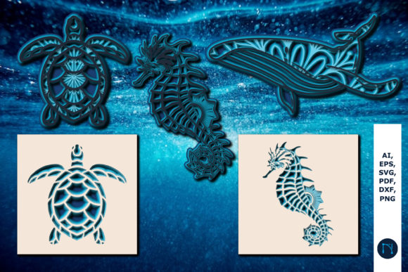 3D SVG Shadow Boxes: Seahorse, Turtle & Dolphin Bundle
